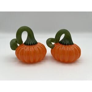 Hand Blown Art Glass 3” Pumpkin Paperweights Set of 2 Orange & Green Fall Decor